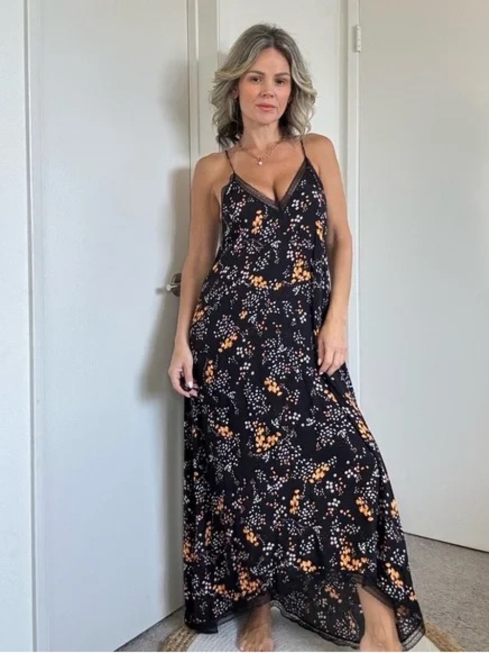 Zadig & Voltaire Black Floral Slip Maxi Dress with Floral Accents
